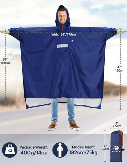 ANYOO Hooded Rain Poncho for Adults Waterproof Lightweight Rain Coat for Men Women Reusable Rain Jacket for Emergency Outdoor