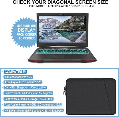 Laptop Case 15.6 inch, Shockproof Protective Computer Sleeve Cover with Accessories Pocket, Water Resistant Traveling Carrying Laptop Bag Compatible for MacBook Dell HP Acer Asus Lenovo, Black