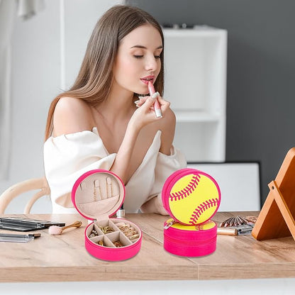 12Pcs Softball Mini Travel Jewelry Case Yellow Hot Pink Round Softball Jewelry Organizer Sport Portable Storage Box for Rings Earrings Necklaces