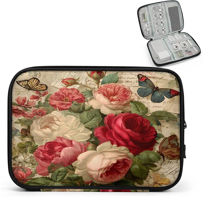 Cable Organizer Vintage Butterfly Roses Electronics Travel Organizer Case Tech Accessories Pouch Waterproof Cord Storage Bag for Power Bank Charger Phone Earphone