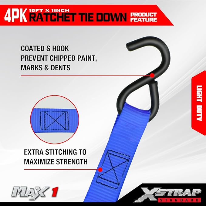 XSTRAP STANDARD Ratchet Tie Down Straps 4 Pk 10 Ft- 300 Lbs Load Cap- 900 Lbs Break Strength-Cargo Straps for UTV, ATV, Pickup,Truck, Moving Appliances, Lawn Equipment, Blue