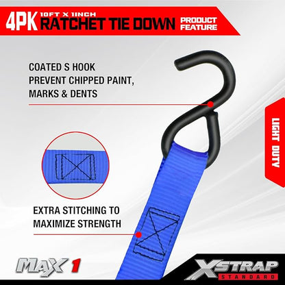 XSTRAP STANDARD Ratchet Tie Down Straps 4 Pk 10 Ft- 300 Lbs Load Cap- 900 Lbs Break Strength-Cargo Straps for UTV, ATV, Pickup,Truck, Moving Appliances, Lawn Equipment, Blue