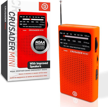 72 HRS (Upgraded) 72HRS CRUSADER MINI NOAA/AM/FM Emergency Weather Radio, Powered by 2AA Battery(Not Included), Premium Designer Radio with Finest Tuning Knob and Speaker (Red)