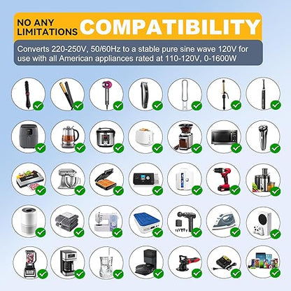 1600W 220V to 110V Voltage Converter, Power Any American Appliances in 220-250V, Plug & Play, No Limitations, Universal Power Plug Adapter Voltage Converter US to Europe International Travel