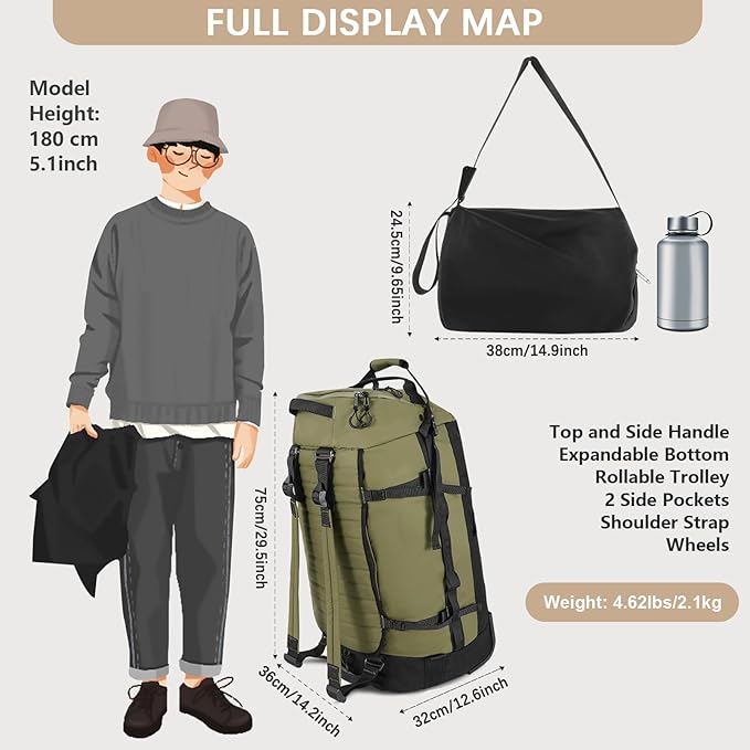 CONTAIL 86L Wheeled Duffel Bag, Soft Shell with Adjustable Web Handles, Carry On Size 29.5x14.2x12.6in, Foldable with Dual Wheels & Shoe Compartment,Army Green