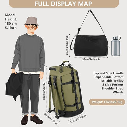 CONTAIL 86L Wheeled Duffel Bag, Soft Shell with Adjustable Web Handles, Carry On Size 29.5x14.2x12.6in, Foldable with Dual Wheels & Shoe Compartment,Army Green