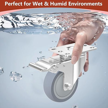 4 Inch Stainless Steel Caster Wheels with Brake, Heavy Duty 304 Casters Set of 4, Non-Marking TPR Quiet Wheels, 2300 lbs, Swivel for Furniture, Labs, Kitchens,Industrial with Hardware Kits