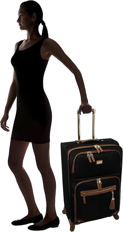 Steve Madden Designer Luggage - Checked Large 28 Inch Softside Suitcase - Expandable for Extra Packing Capacity - Lightweight Bag with Rolling Spinner Wheels, Harlo Black, 28in