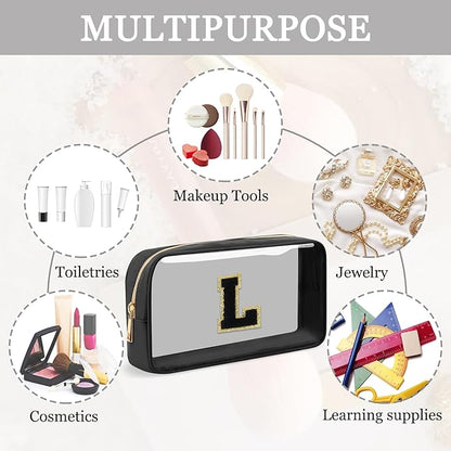 Small Clear Personalized Initial Makeup Bag,Nylon Preppy A-Z Chenille Letter Patch Cosmetic Pouch Beach Toiletry Bag,Waterproof Zipper Travel Purse Storage Bag Organizer for Women Girls(Black-Black L)