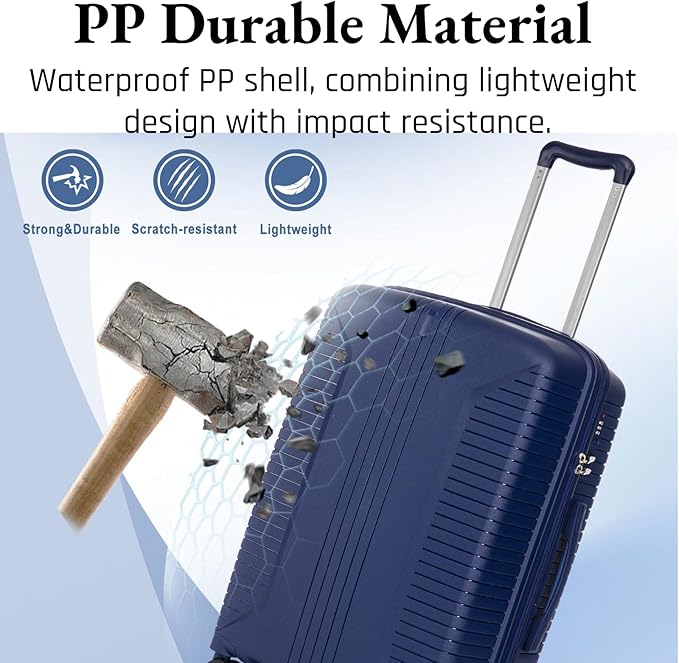 3-Piece PP Hard Shell Spinner Luggage Set (20" 24" 28") with Combination Lock, Adjustable Pull Rod Suitcases, Blue