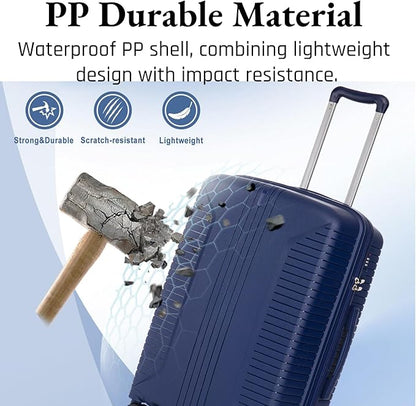 3-Piece PP Hard Shell Spinner Luggage Set (20" 24" 28") with Combination Lock, Adjustable Pull Rod Suitcases, Blue
