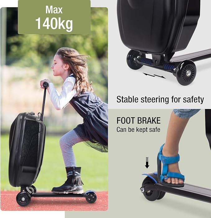 Apelila 20" Scooter Suitcase for Kids, 2-in-1 Ride On Luggage with Wheels for Boys & Girls Ages 4-15, Foldable Hardshell Carry On Lightweight Travel Suitcase for Airplane (Black)