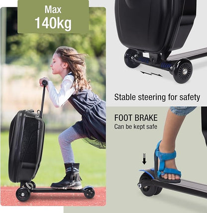 Apelila 20" Scooter Suitcase for Kids, 2-in-1 Ride On Luggage with Wheels for Boys & Girls Ages 4-15, Foldable Hardshell Carry On Lightweight Travel Suitcase for Airplane (Black)