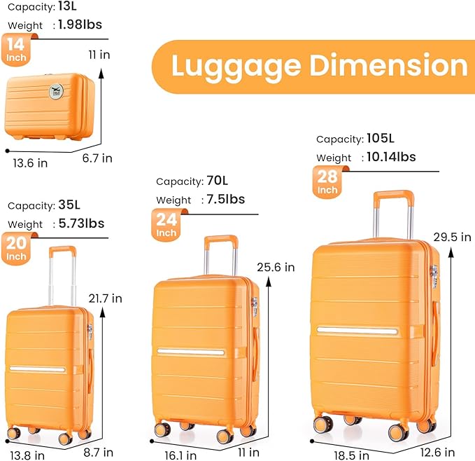 Merax Luggage Set 4 Piece Suitcase with Case Expandable Spinner Wheels Hardshell Airplane Approved Luggage Sets,Orange,14/20/24/28