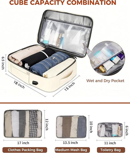 Vancropak Travel Backpack for Women, Airline Approved Carry On Backpack with 3 Packing Cubes, Expandable Large 40L Travel Bag fits 17" Laptop, Anti Theft Luggage Suitcase Weekend Daypack, White Brown