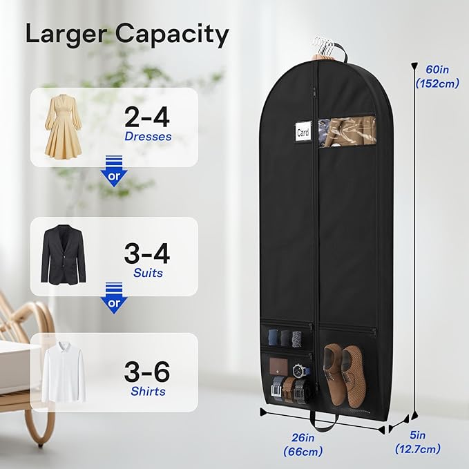 2 Pack Garment Bags for Travel Suit Bags, Dress Bags, Garment Bags for Hanging Clothes with Pockets Men's Suit Holder for Shirts, Coats, Dresses (Black, 2Pack 60")