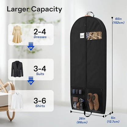 2 Pack Garment Bags for Travel Suit Bags, Dress Bags, Garment Bags for Hanging Clothes with Pockets Men's Suit Holder for Shirts, Coats, Dresses (Black, 2Pack 60")