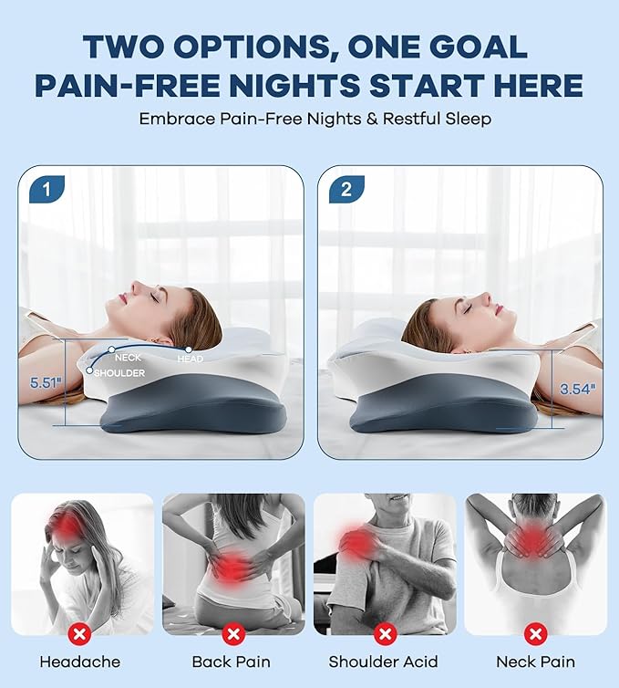 Cervical Pillow for Neck Pain Relief, Cooling Ergonomic Memory Foam Pillow with Ice Silk Pillowcase, Dual-Height Orthopedic Contour Support Pillow for Side,Back,Stomach Sleepers, CertiPUR-US Certified