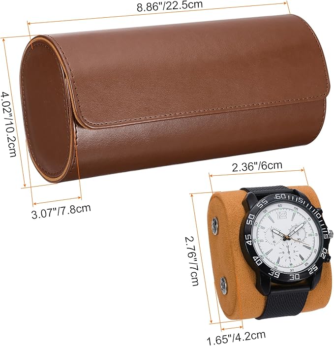 HARFINGTON Watch Roll Travel Case 3 Slot Portable Leather Watch Case for Men and Women, Watches Storage Organizer with Removable Pillows for Traveling, Display, Home Storage, Brown