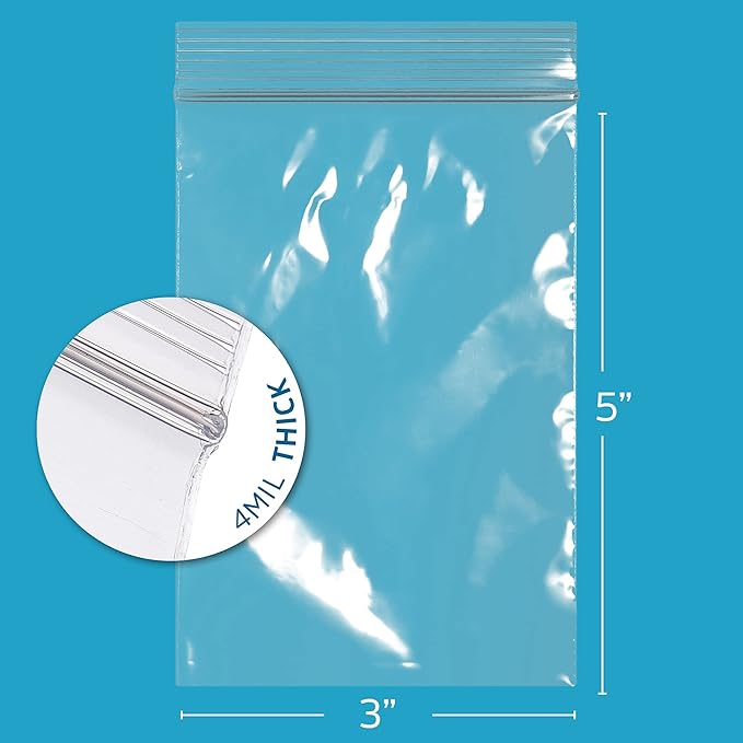 GPI - Pack of 200, 3" x 5" CLEAR PLASTIC RECLOSABLE ZIP BAGS - Heavy Duty, Bulk 4 mil Thick Strong & Durable Poly Baggies with Resealable Zip Top Lock For Travel, Storage, Packaging & Shipping