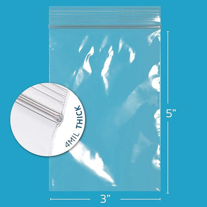 GPI - Pack of 200, 3" x 5" CLEAR PLASTIC RECLOSABLE ZIP BAGS - Heavy Duty, Bulk 4 mil Thick Strong & Durable Poly Baggies with Resealable Zip Top Lock For Travel, Storage, Packaging & Shipping