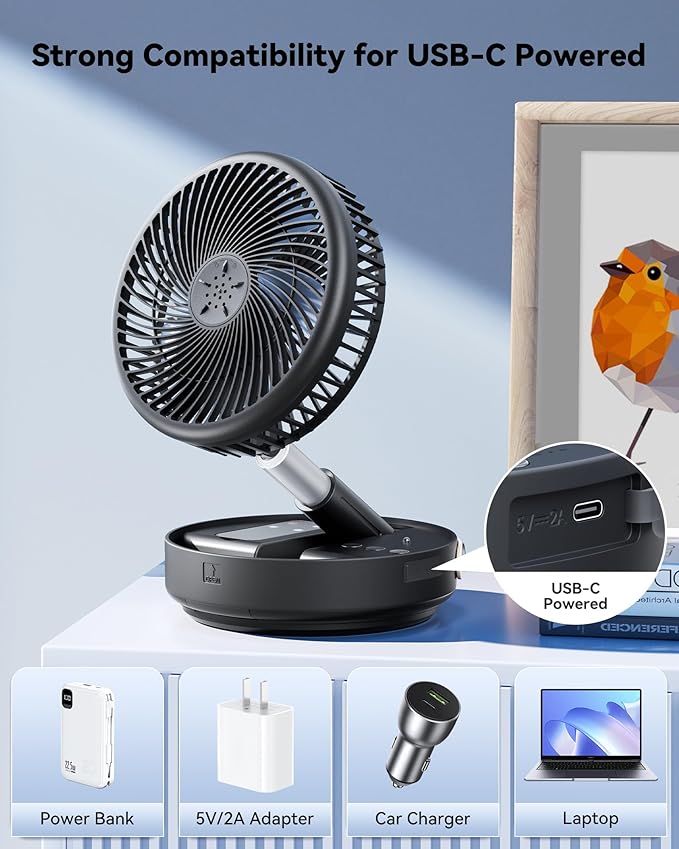 Portable Oscillating Travel Fan, 10400mAh Battery Operated Rechargeable USB Floor Table Desk Fan with Remote, 4 Speed Settings Pedestal Fan for Home Bedroom Office Camping Cruise, Black 8"