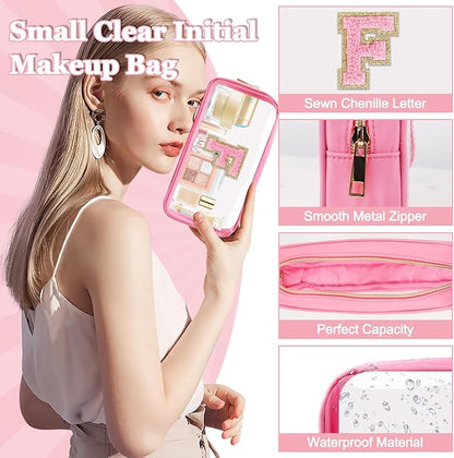 Small Clear Personalized Initial Makeup Bag,Nylon Preppy A-Z Chenille Letter Patch Cosmetic Pouch Beach Toiletry Bag,Waterproof Zipper Travel Purse Storage Bag Organizer for Women Girls(Pink-Pink F)