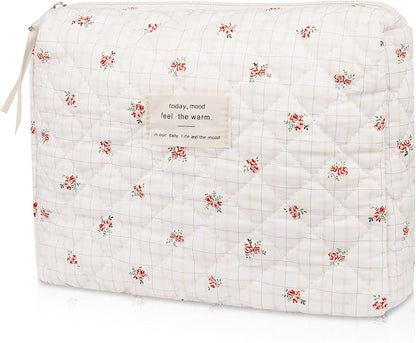Floral Makeup Bag, Small Cosmetic Bag for Women Girls, Cute Cotton Makeup Bag, Quilted Makeup Bags, Flower Travel Toiletry Organizer Bag(Checkered Flower)