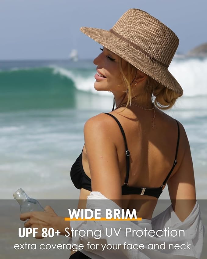 FURTALK Womens Summer Straw Sun Hats Wide Brim Panama Fedora Beach Hat with Wind Lanyard UPF 80+
