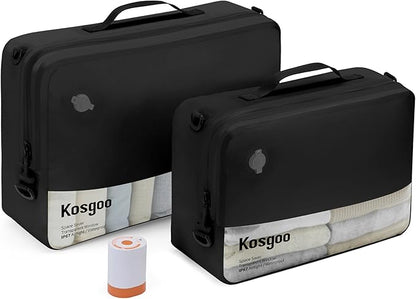 Vacuum Compression Bags for Travel with Pump Reusable for Carry-on Suitcase Backpack Home Storage, IP67 Waterproof, Wide Opening, Transparent Window (2 Pack + Pump Black)