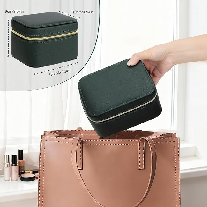 DesignSter Travel Jewelry Case,Small Jewelry Box with Mirror,Leather Material Travel Jewelry Case Organizer, Portable Jewelry Organizer with Zipper(Green