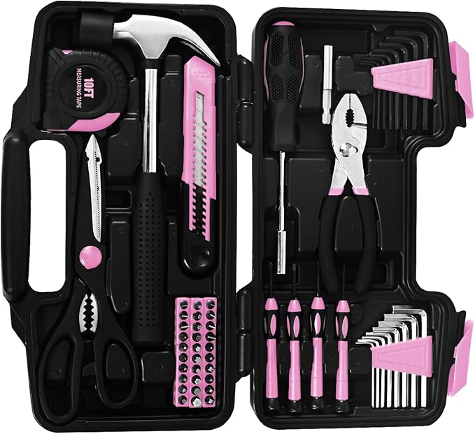 58-Piece Pink Household Tool Set General Household Hand Tool Kit,Small Tool Kit with Plastic Toolbox Mini Tool kit for Women, Office & College Repairs