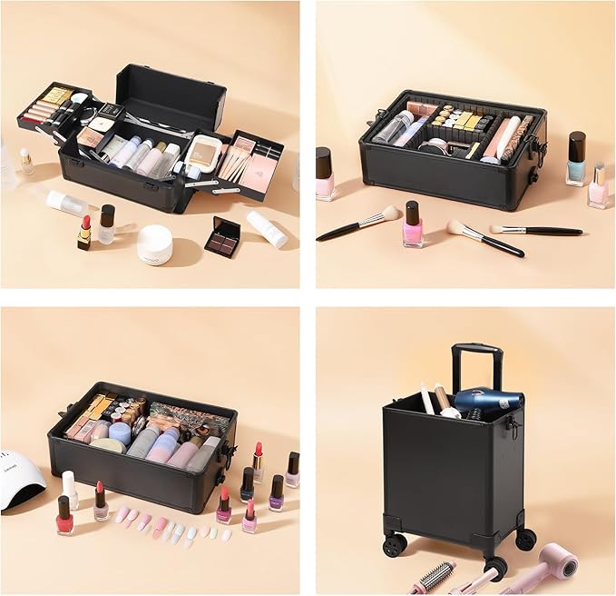 Professional Rolling Makeup Case, Cosmetology Case on Wheels 4 in 1 Large Cosmetic Train Case, Ideal Gift for Hairstylist, Nail Techs, Portable Beauty Organizer for Travel or Salon Use,Black