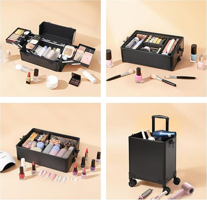 Professional Rolling Makeup Case, Cosmetology Case on Wheels 4 in 1 Large Cosmetic Train Case, Ideal Gift for Hairstylist, Nail Techs, Portable Beauty Organizer for Travel or Salon Use,Black