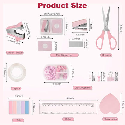 Desk Organizers and Accessories, Office Supplies 15PS Set with Stapler, Staple Remover, Pen Holder, Clips Set, Tape Dispenser, Tape, Phone Holder, 1000 Staples, Ruler, Scissors （Pink）