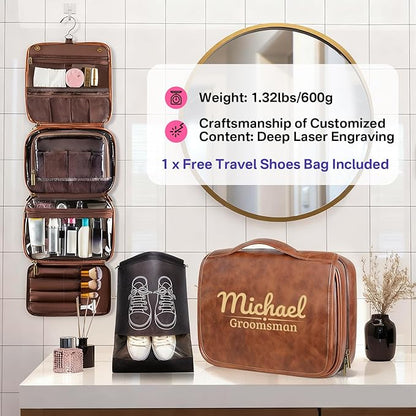 ORYG Customizable 3-in-1 Hanging Toiletry Bag - PU Leather Initial Engraving Storage Pouch - Ideal Gift for Dad, Husband, or Boyfriend (Reddish brown)