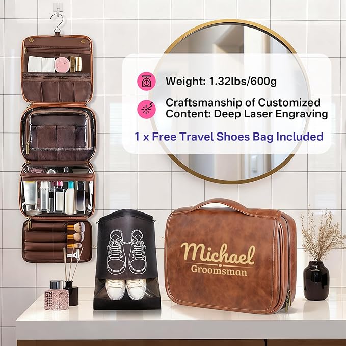 ORYG Customizable 3-in-1 Hanging Toiletry Bag - PU Leather Initial Engraving Storage Pouch - Ideal Gift for Dad, Husband, or Boyfriend (Black)