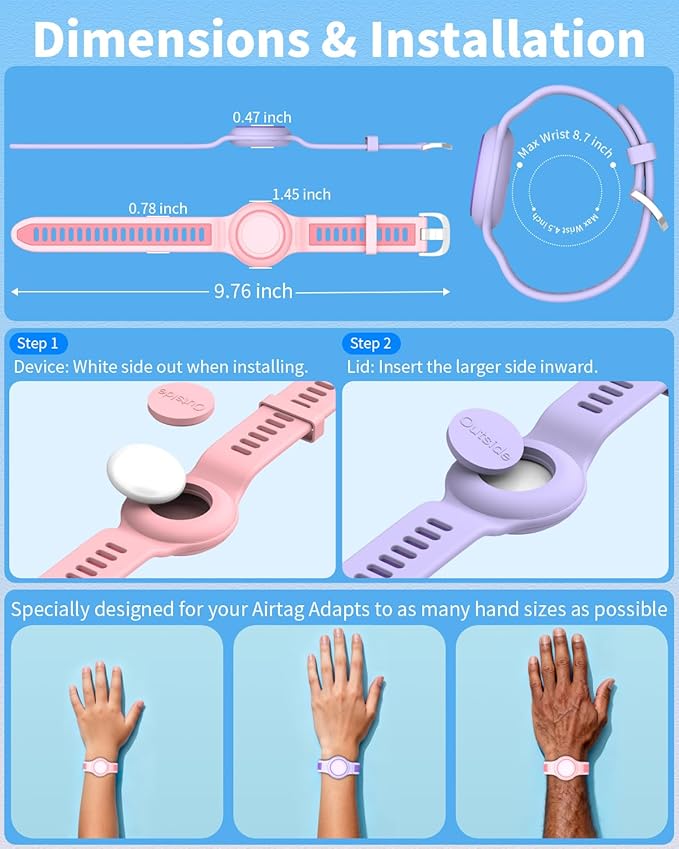 2-Pack Bracelet Compatible with AirTag for Kids, Waterproof Airtag Bracelet Full Coverage Protective Case Design Soft Silicone Hidden Air Tag Holder for Toddler Child Elderly (Pink+Purple)