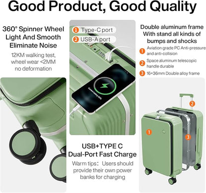mixi Checked Luggage with Cup Phone Holder and Charger Hard Shell Suitcases with Spinner Wheels, 24 Inch Avocado Green