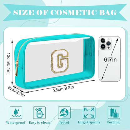 Personalized Initial Letter Clear Makeup Bag,Preppy Small Nylon&PVC Cosmetic Zipper Bag with Chenille Letter,Portable Beach Travel Skincare Toiletry Bag,Trendy Monogram Gift for Teen Girls Women,G