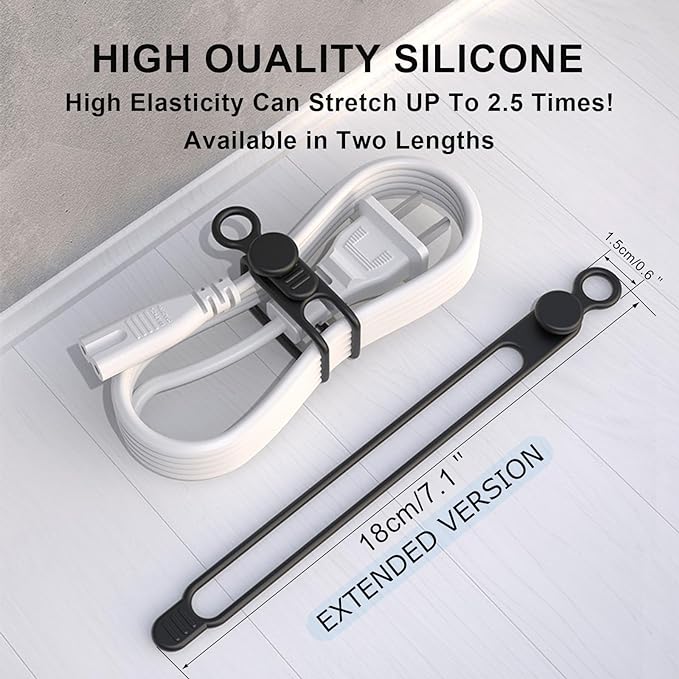 Silicone Cable Straps, 10pcs Extra-Long Reusable Hanging Organizer for Cables, Kitchen, Home, School (Black & White)