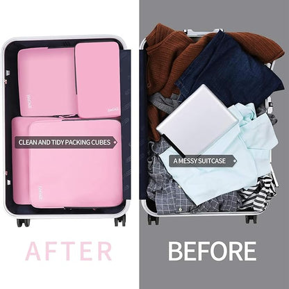 BAGAIL 4 Set/6 Set/8 Set Compression Packing Cubes Travel Accessories Expandable Packing Organizers (Cloth Pattern, 4-Pink)