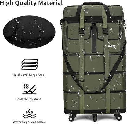 130L Expandable Luggage, 40 Inch Suitcase with Wheels, Collapsible Luggage with Wheels, Rolling Duffle Bag with wheels, Foldable Suitcasewith2Handle Wrap 2Fixing Straps 1Shoulder Strap (Green)