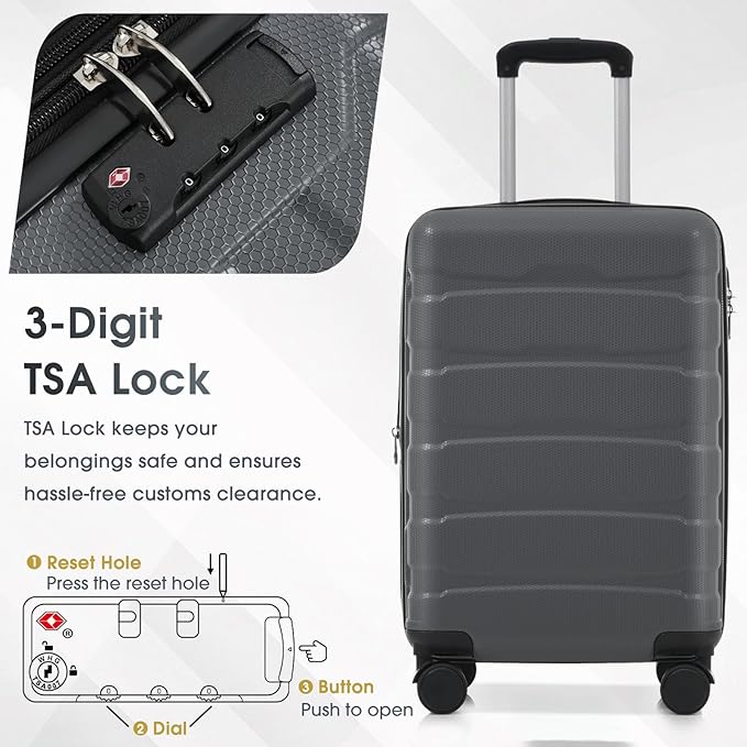Hardshell Checked Luggage with Spinner Wheels, Expandable ABS Suitcase with TSA Lock, Travel Luggage with Telescopic Handle (Gray, 20 Inch)