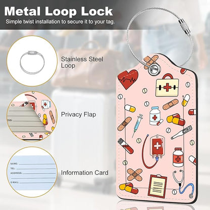 2Pack Luggage Tags for Suitcases, Cute Unique Pu Leather Cruise Luggage Tag with Privacy Cover ID Label Address Card and Metal Ring Suitable for Women Men Kids Travel Bag,Medical Instrument Pattern