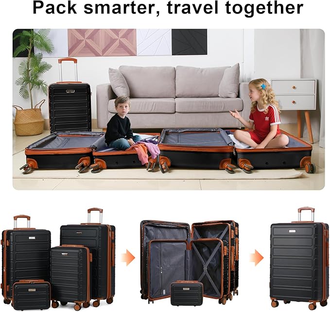 4 Piece Luggage Set Expandable ABS Travel Suitcase Set TSA Lock Hardshell Durable Lightweight Traveling Luggage Sets Gift for Back to School (Black, 28in26in20in13in)