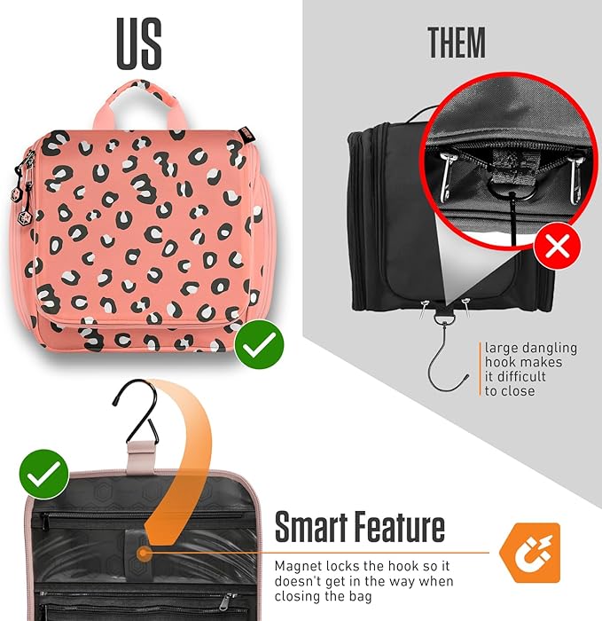 VENTURE 4TH Hanging Travel Toiletry Bag for Women & Men – Large Toiletry Organizer with 17 Compartments, Removable TSA Pouch, Travel Wash Bag for Toiletries, Makeup & Shaving Kit (Pink Cheetah)