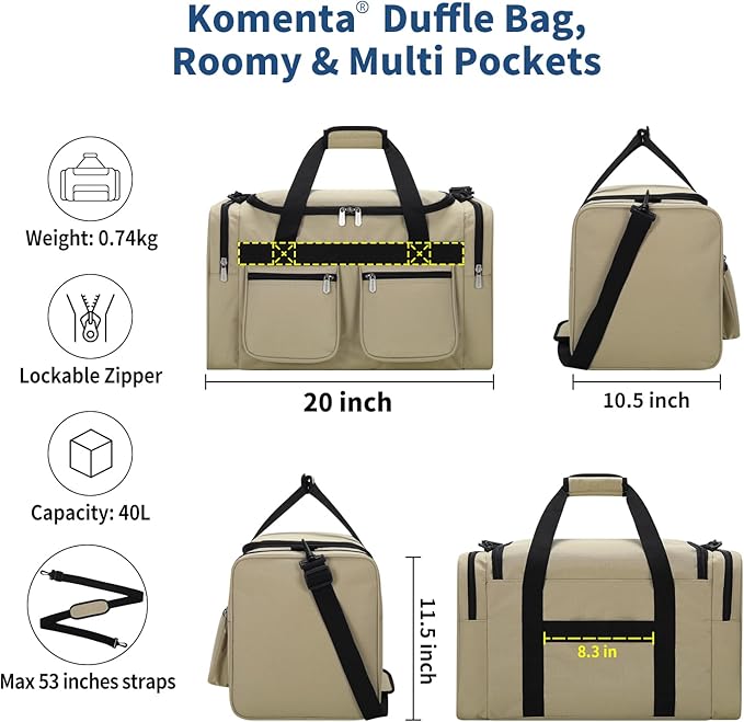 20 inch Gym Bag for Men, 40L Sports Duffle Bag with side pockets durable Weekend Overnight Bag for Travel, Workout, Fitness (Camel)