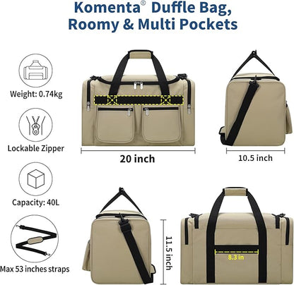 20 inch Gym Bag for Men, 40L Sports Duffle Bag with side pockets durable Weekend Overnight Bag for Travel, Workout, Fitness (Camel)