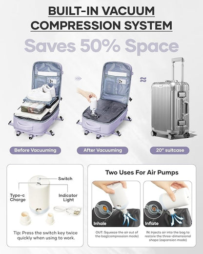 wepadre Vacuum Travel Backpack with Pump Travel Backpack with Vacuum System Easy Vac Pack Backpacks Vacpack Compression Backpacks Mochila de Viaje Compresion al Vacio Purple